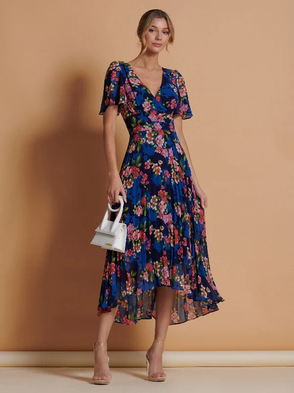 Budget - FriendlyPleated Chiffon High Low Maxi Dress, Navy Floral