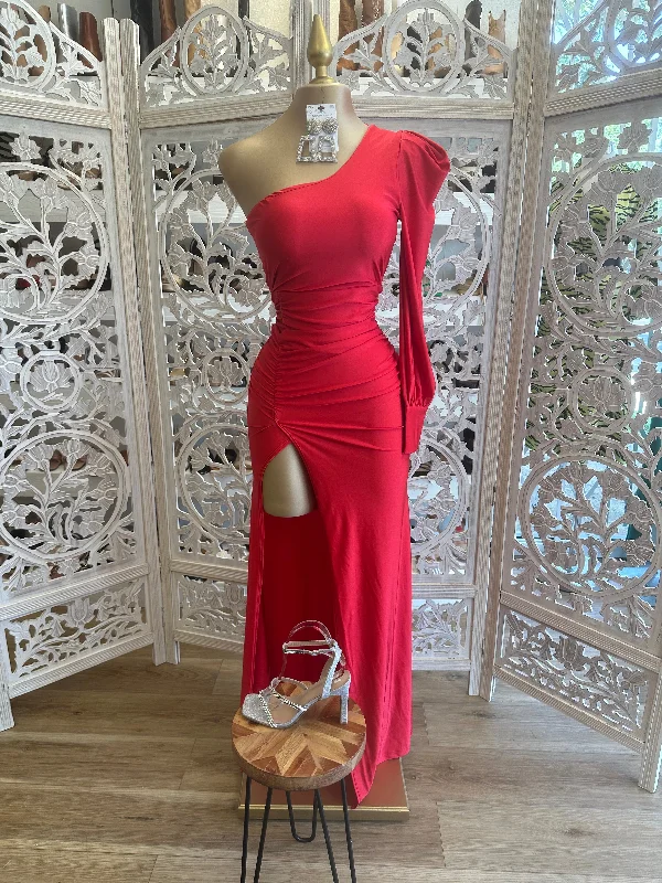 Limited StockRed Puff Sleeve Formal Dress