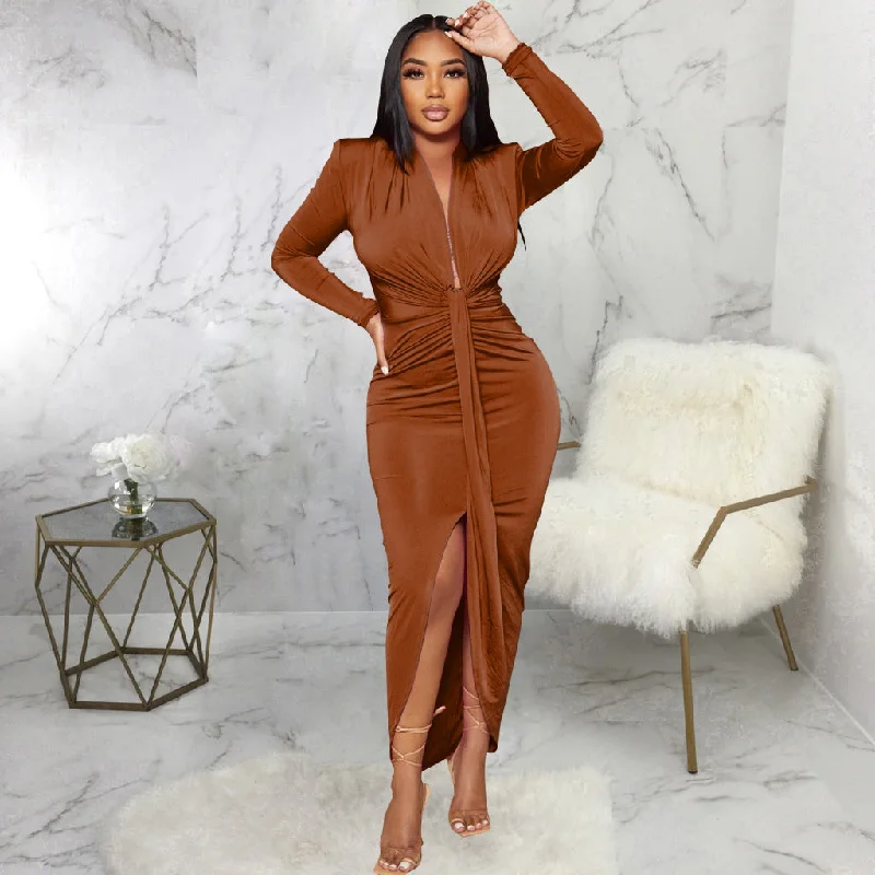 Thanksgiving SaleWomen Long Sleeve Deep V-neck Draped High Waist High Split Asymmetrical Bodycon Midi Maxi Dress