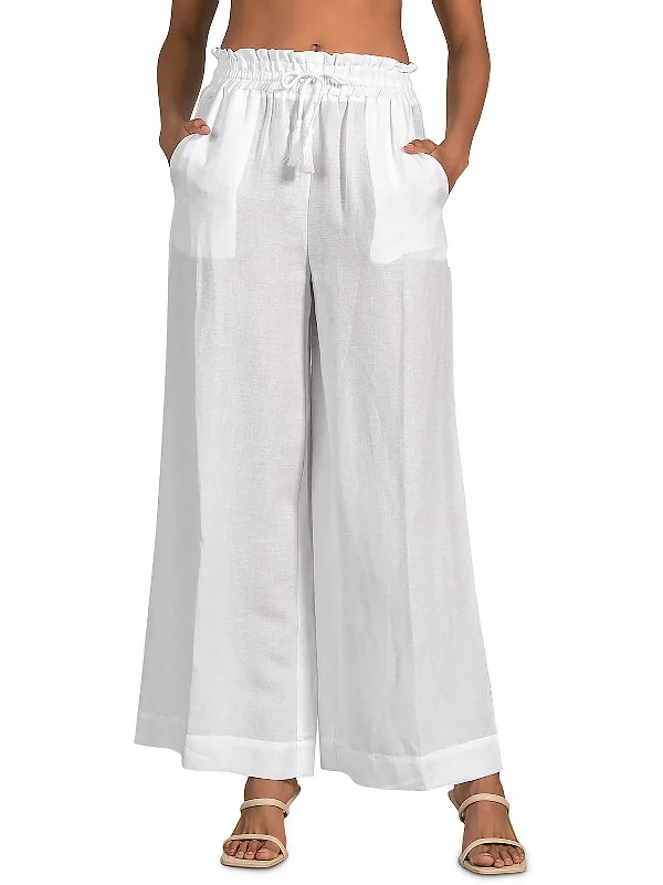 Free ShippingWomens Linen High Rise Wide Leg Pants