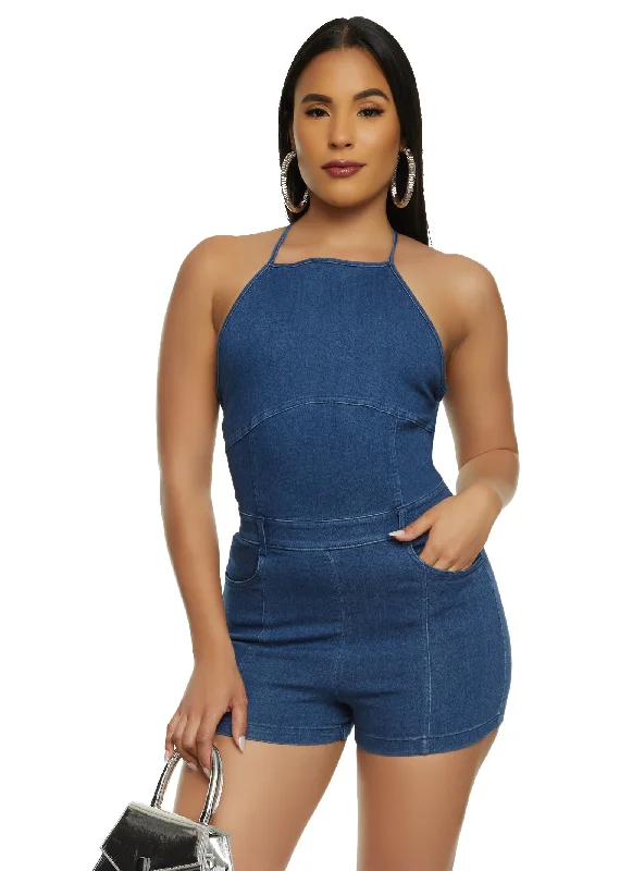 Black Friday SaleSleeveless Halter Denim Romper