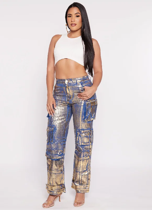 50% OffDaisy Foil Screen Wide Leg Cargo Jeans
