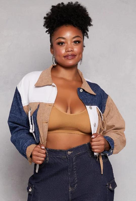 30% DiscountPlus Size Color Block Cropped Jean Jacket