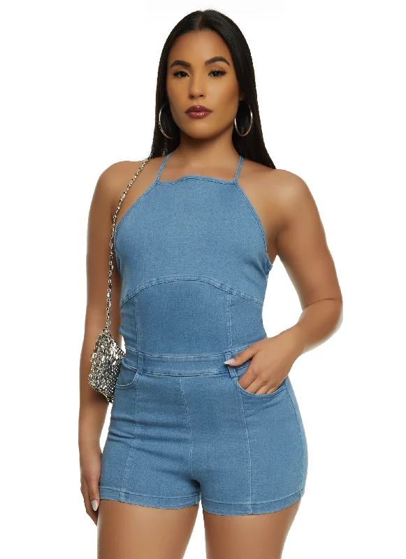 Mother's Day SaleSleeveless Halter Denim Romper