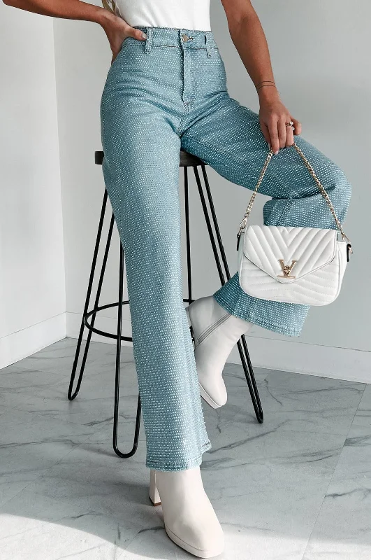 Clearance SaleMina High Rise Rhinestone Studded Straight Leg Jeans (Blue Wash)