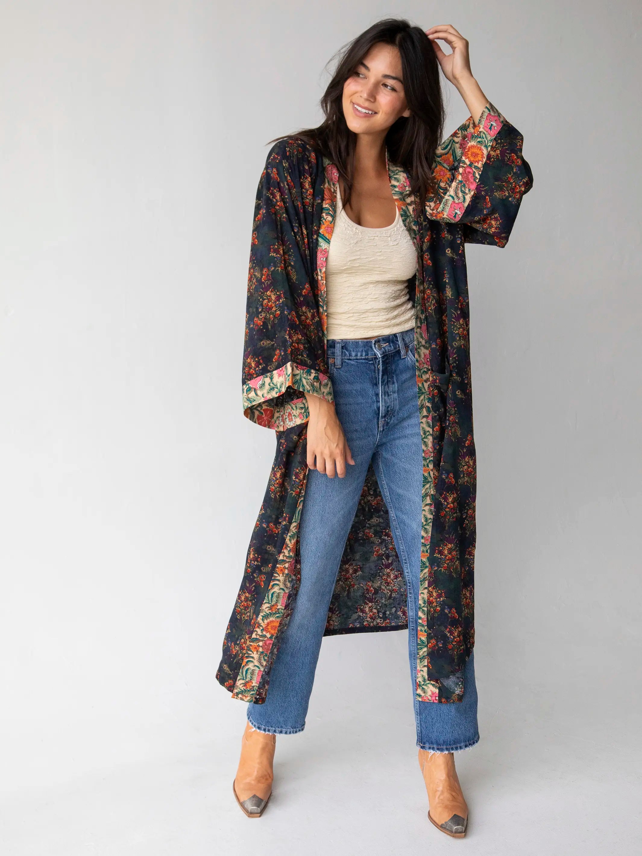 Liquidation SaleCamila Kimono - Indigo Tan Mixed Floral