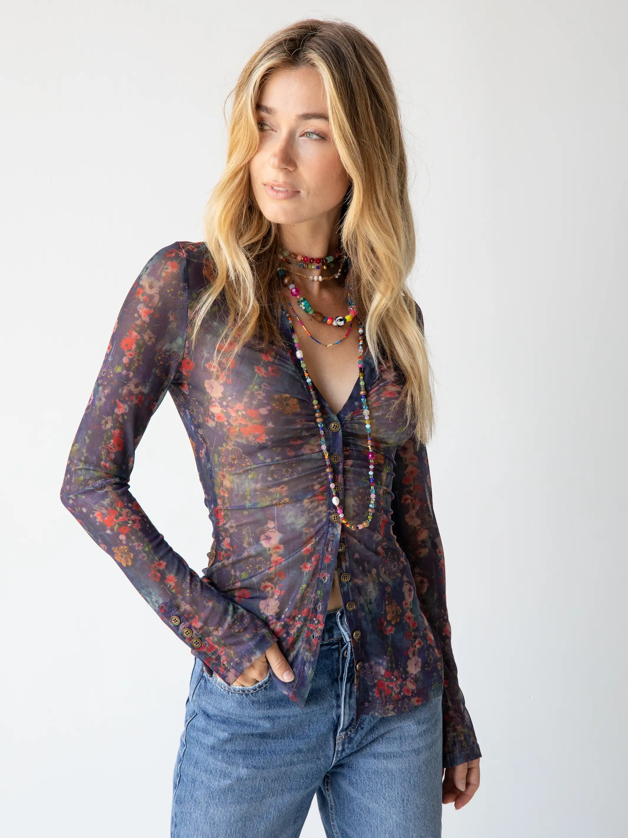 Seasonal SaleCarina Mesh Top - Watercolor Indigo Floral