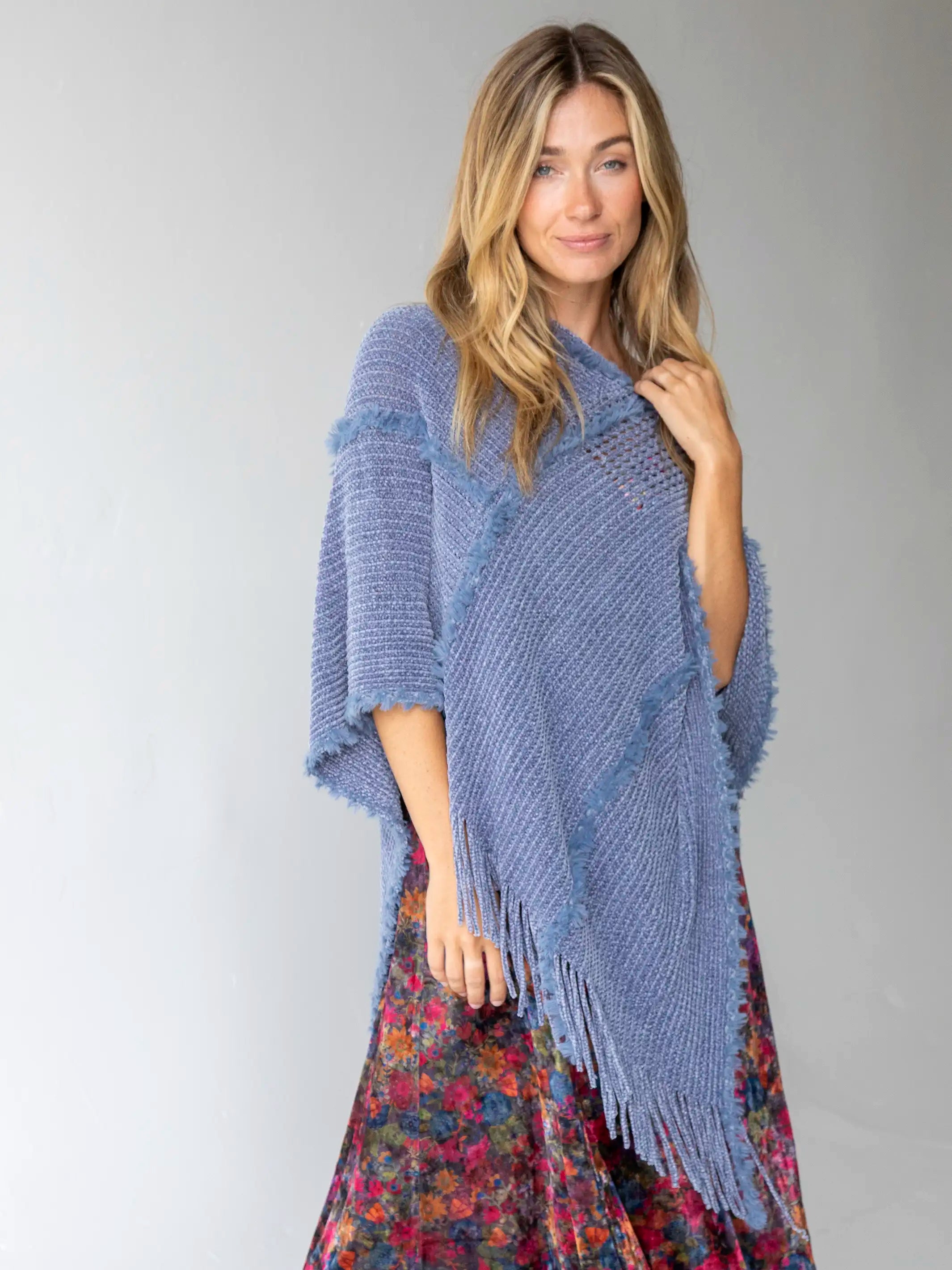 Liquidation SaleChenille Poncho Scarf - Light Blue