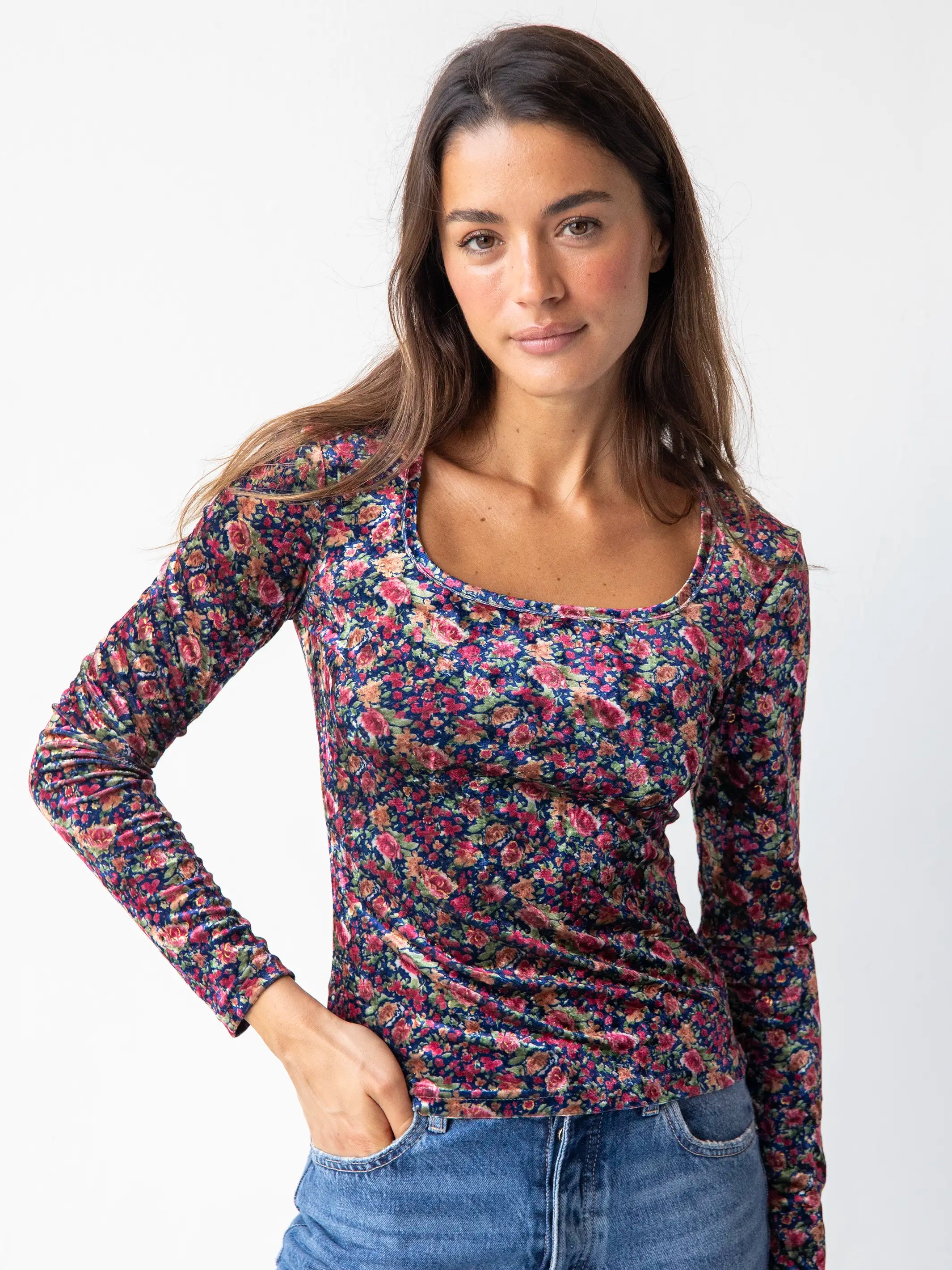 Steal of a DealDanielle Square Neck Velvet Top - Navy Pink Roses