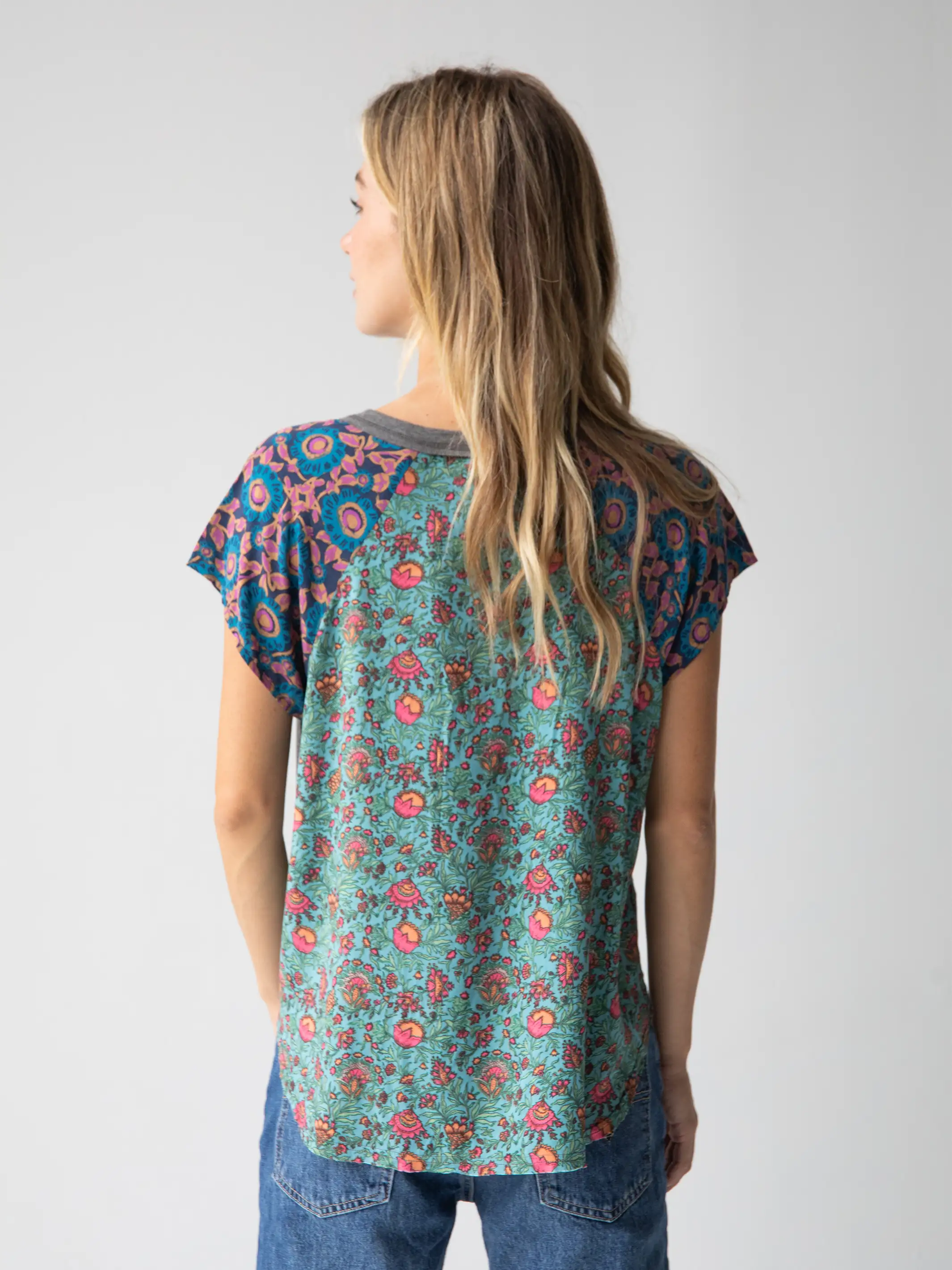 Non - Refundable SaleDaphne Mixed Print Top - Teal Turquoise Mixed Floral