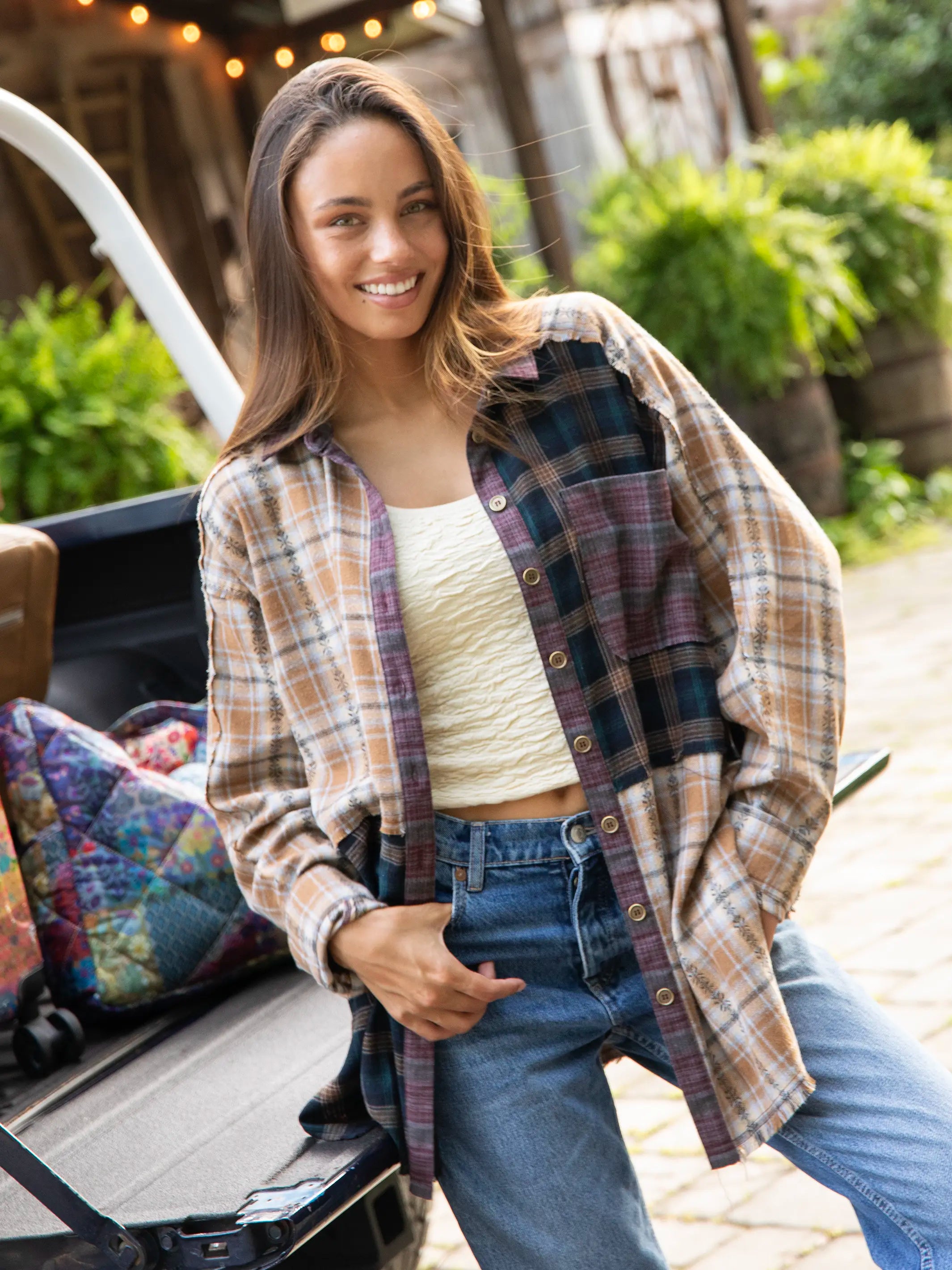 Yellow Tag SaleElliott Oversized Mixed Flannel Shirt - Tan Navy Mixed Plaid