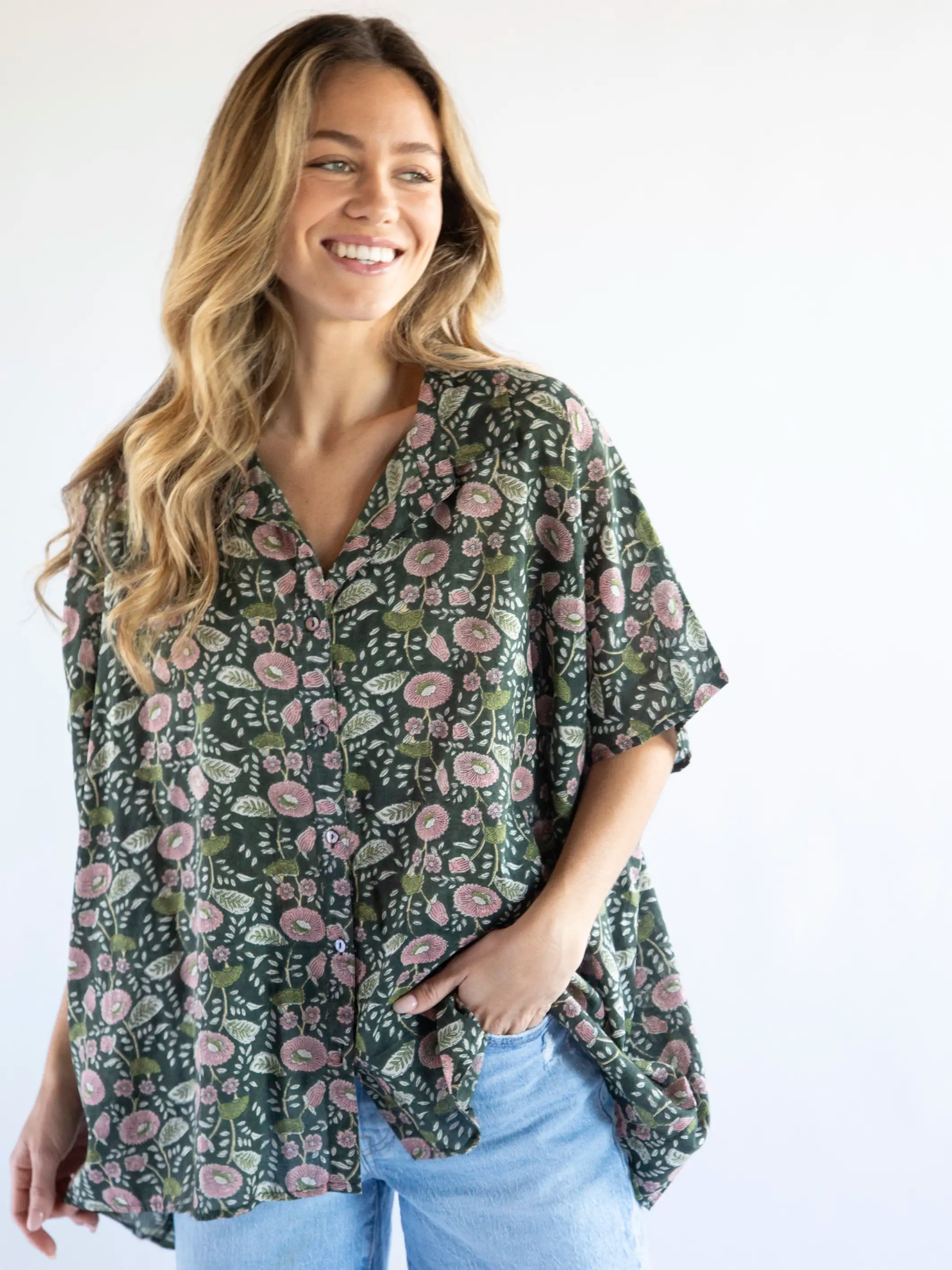 Refer a Friend, Get a DiscountKelly Oversized Cotton Button Down - Dark Green Pink Floral Vines