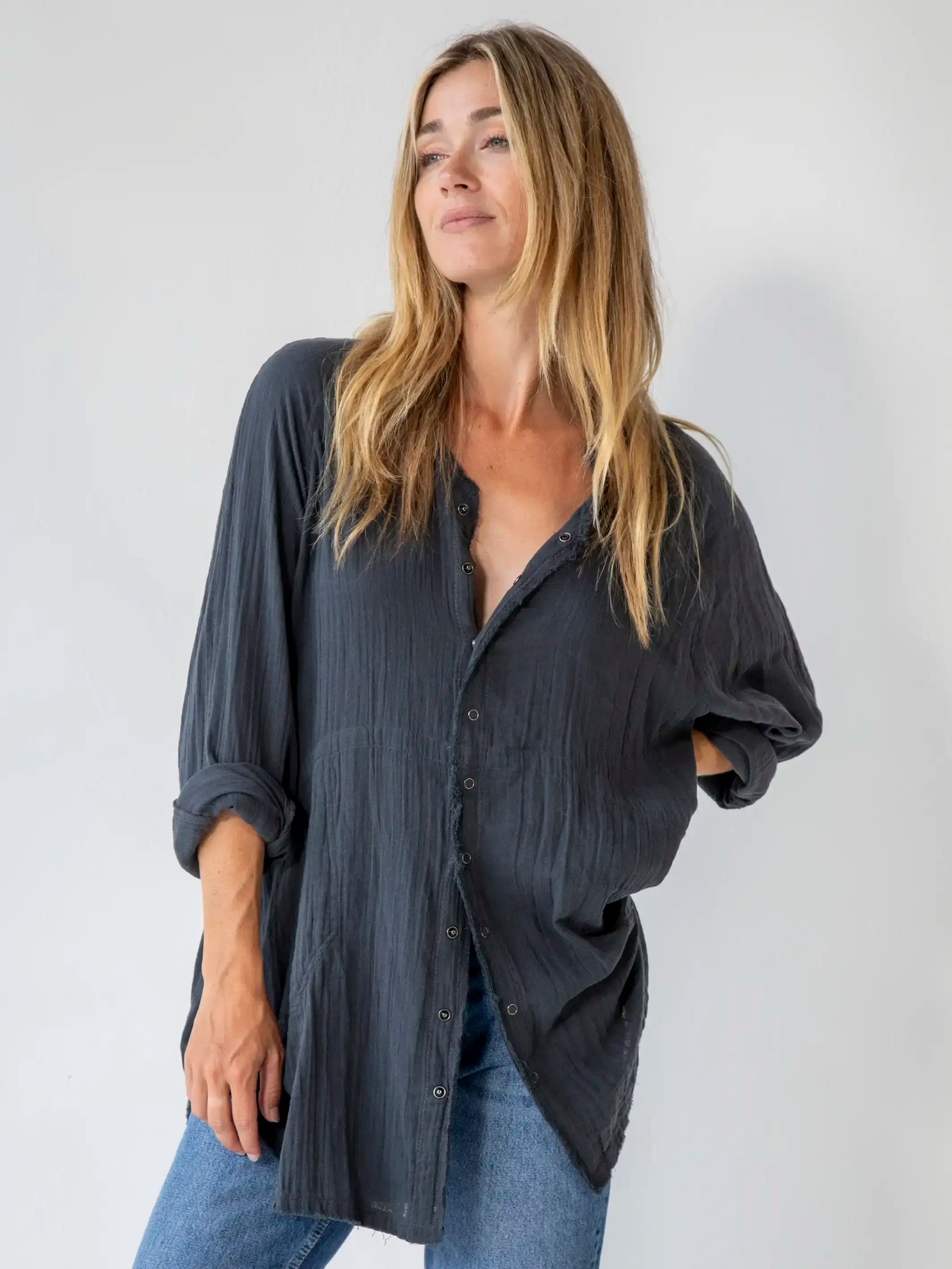 Easy Financing OptionsLaid Back Cotton Button Down Top - Charcoal