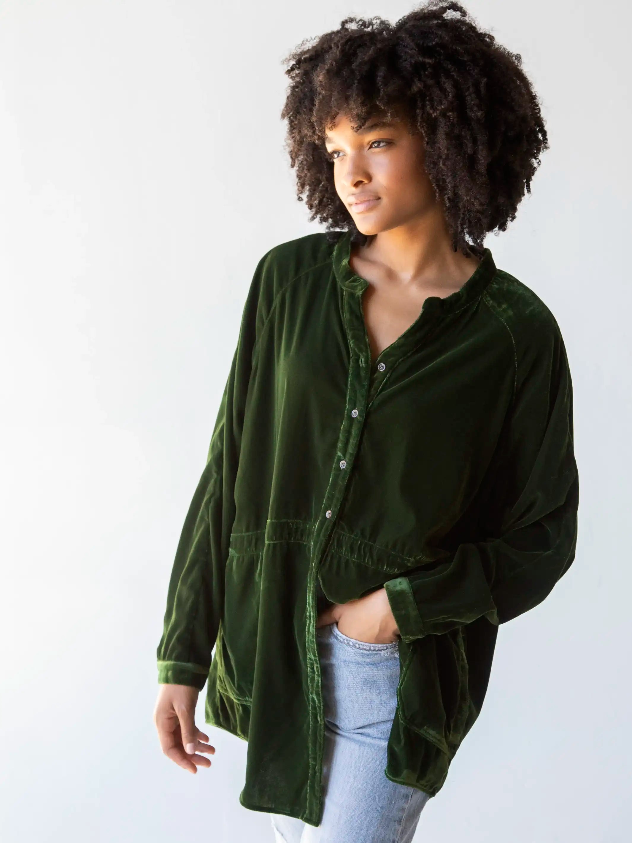 Summer SaleLaid Back Velvet Button Down - Military Green