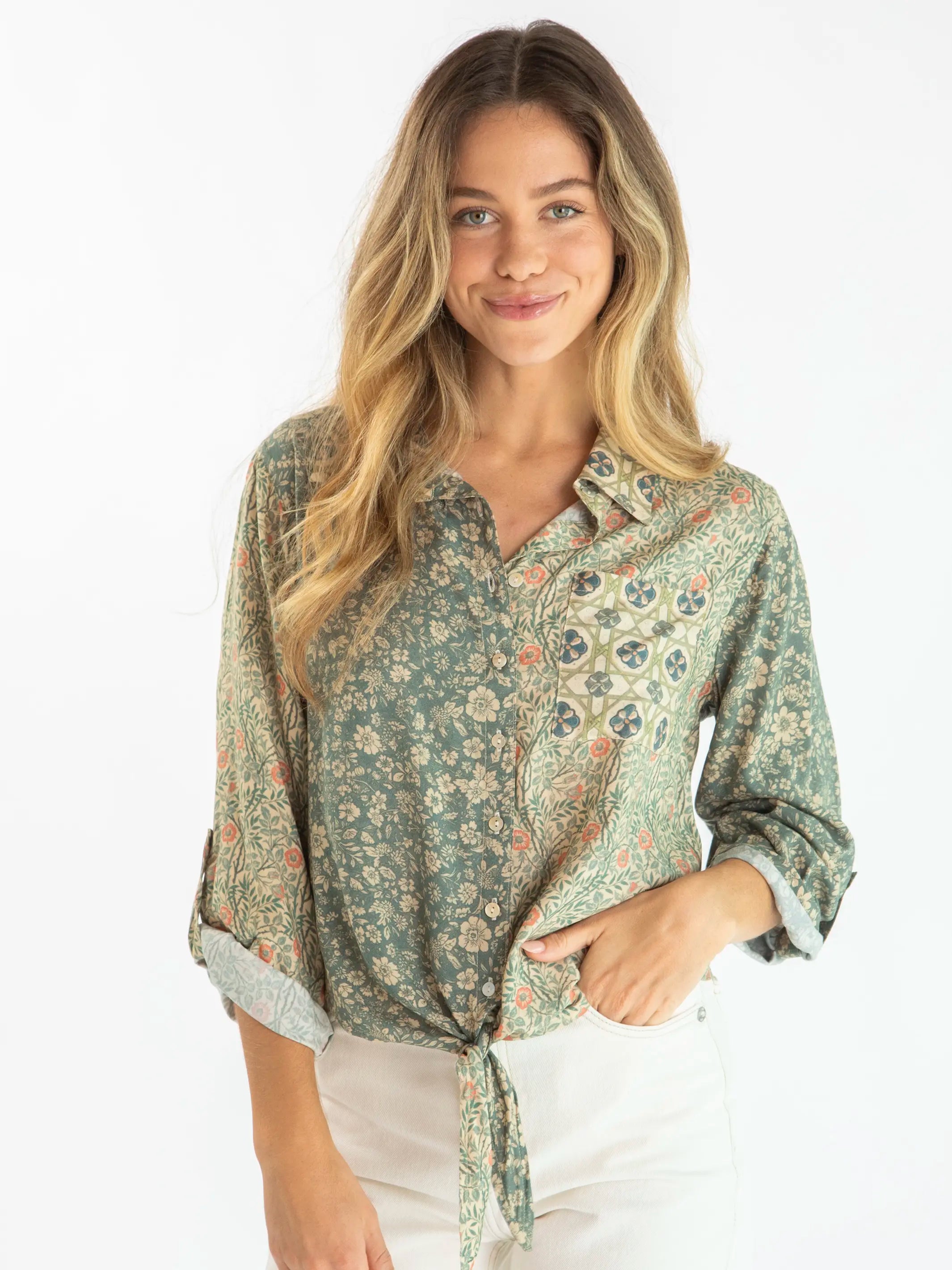 Combo DealLola Tie Button Down - Cream Sage Mixed Floral