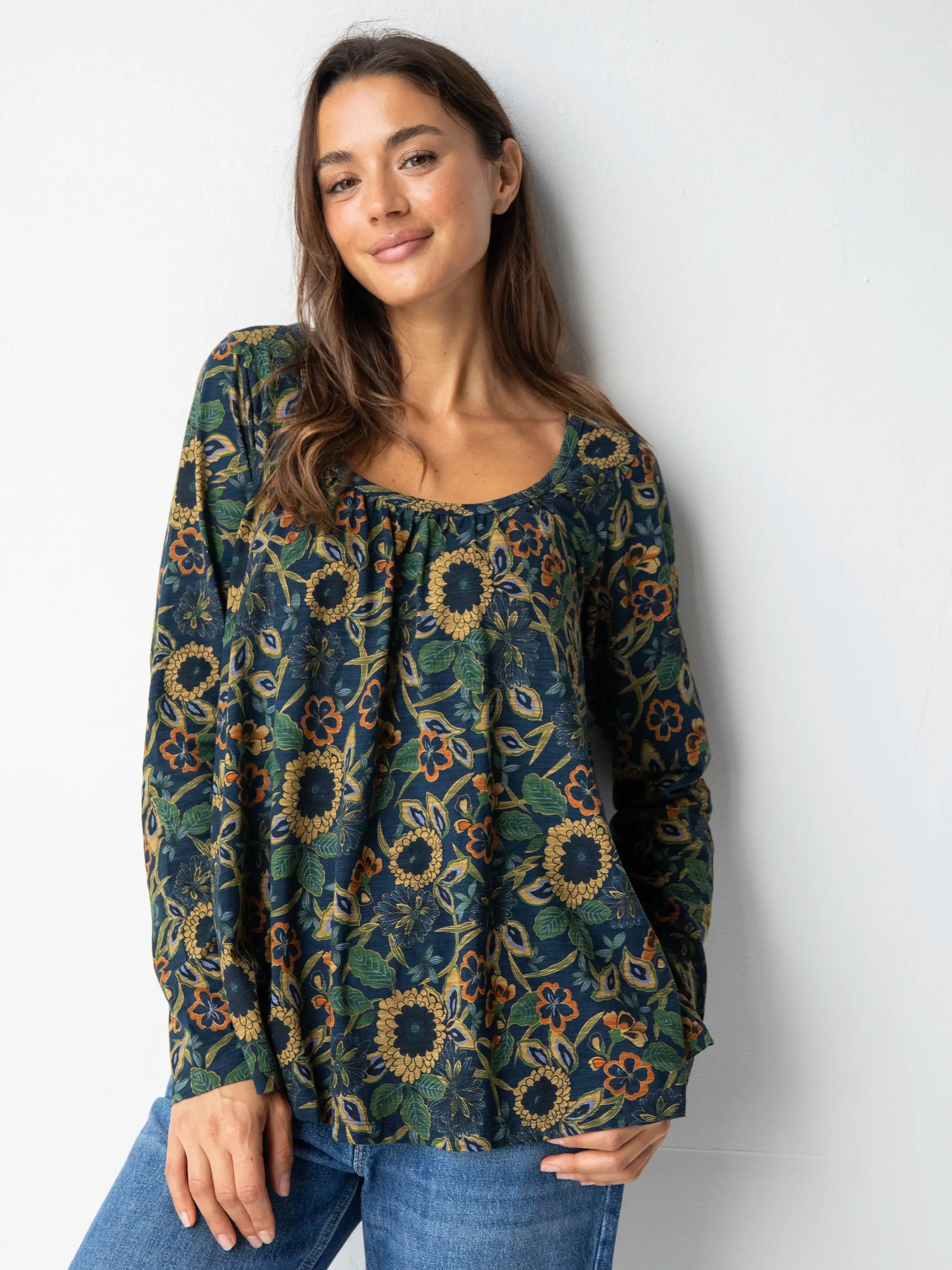 Fall SaleLong Sleeve Iris Top - Navy Tan Dahlias