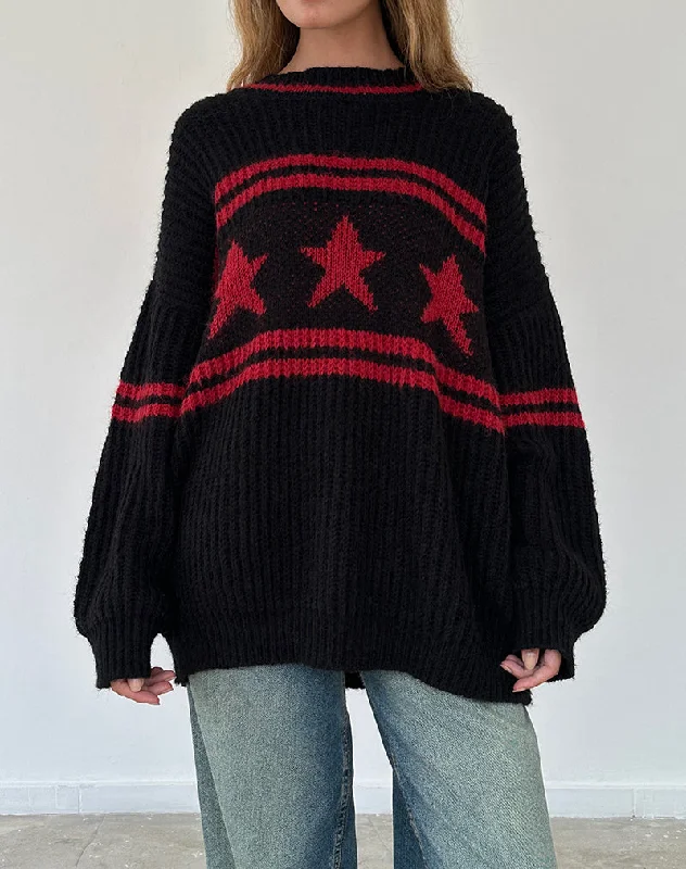 Shop Now, Pay LaterLulees Oversized Jumper in Black with Red Star and Stripes