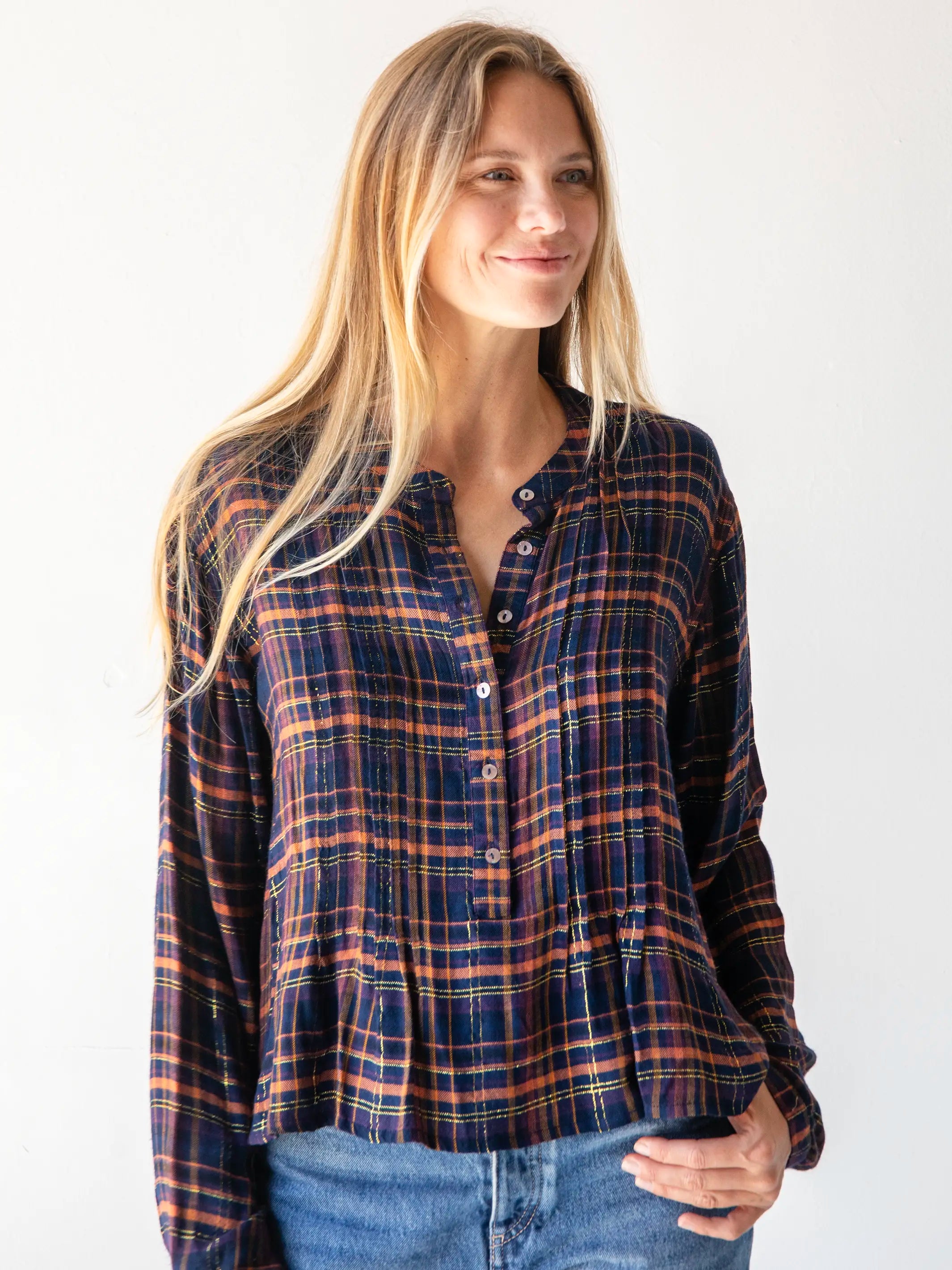 Markdown SaleMontana Top - Navy Orange Plaid