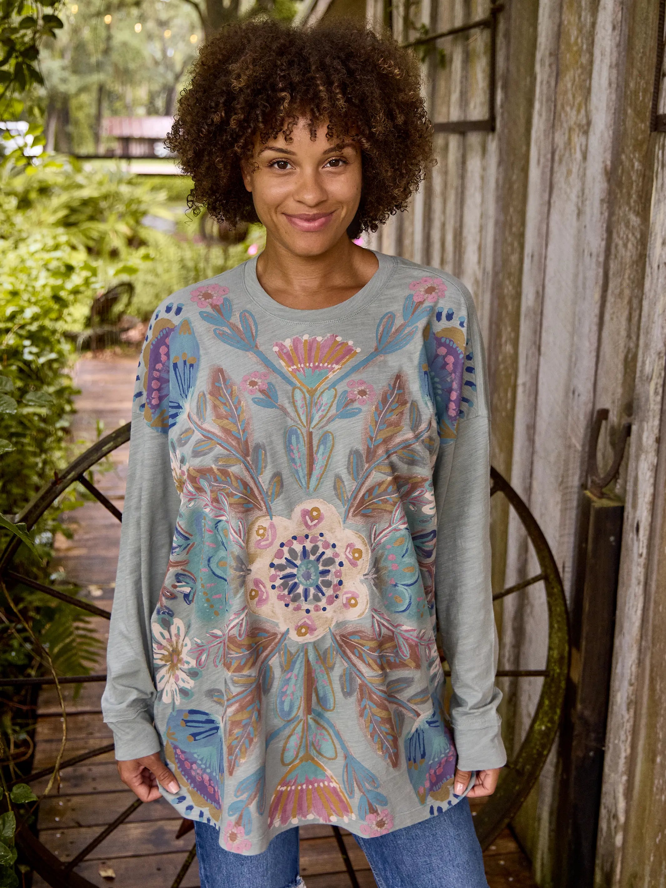 Great SavingsOne Size Long Sleeve Cotton Easy Tee - Dusty Blue Flower Bouquet