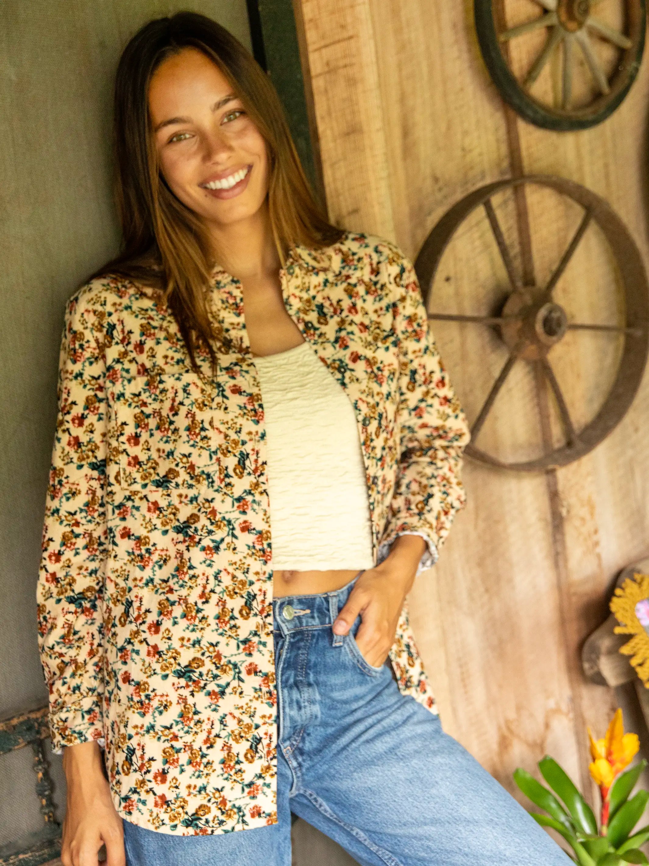 Green Tag SaleRocky Corduroy Button Down - Cream Mustard Bouquets Floral