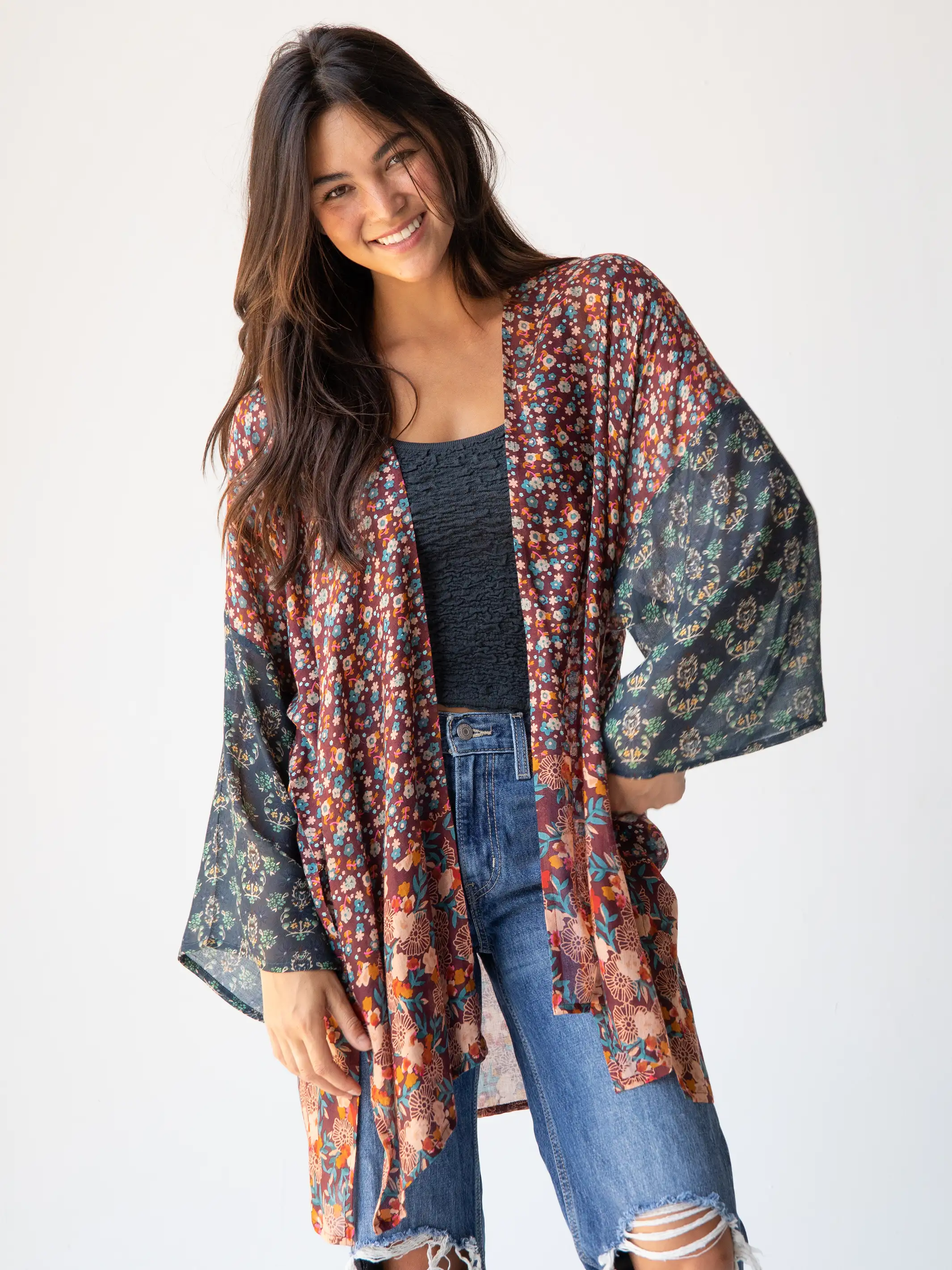 Stock - Up SaleSierra Mixed Print Kimono - Brown Teal Floral