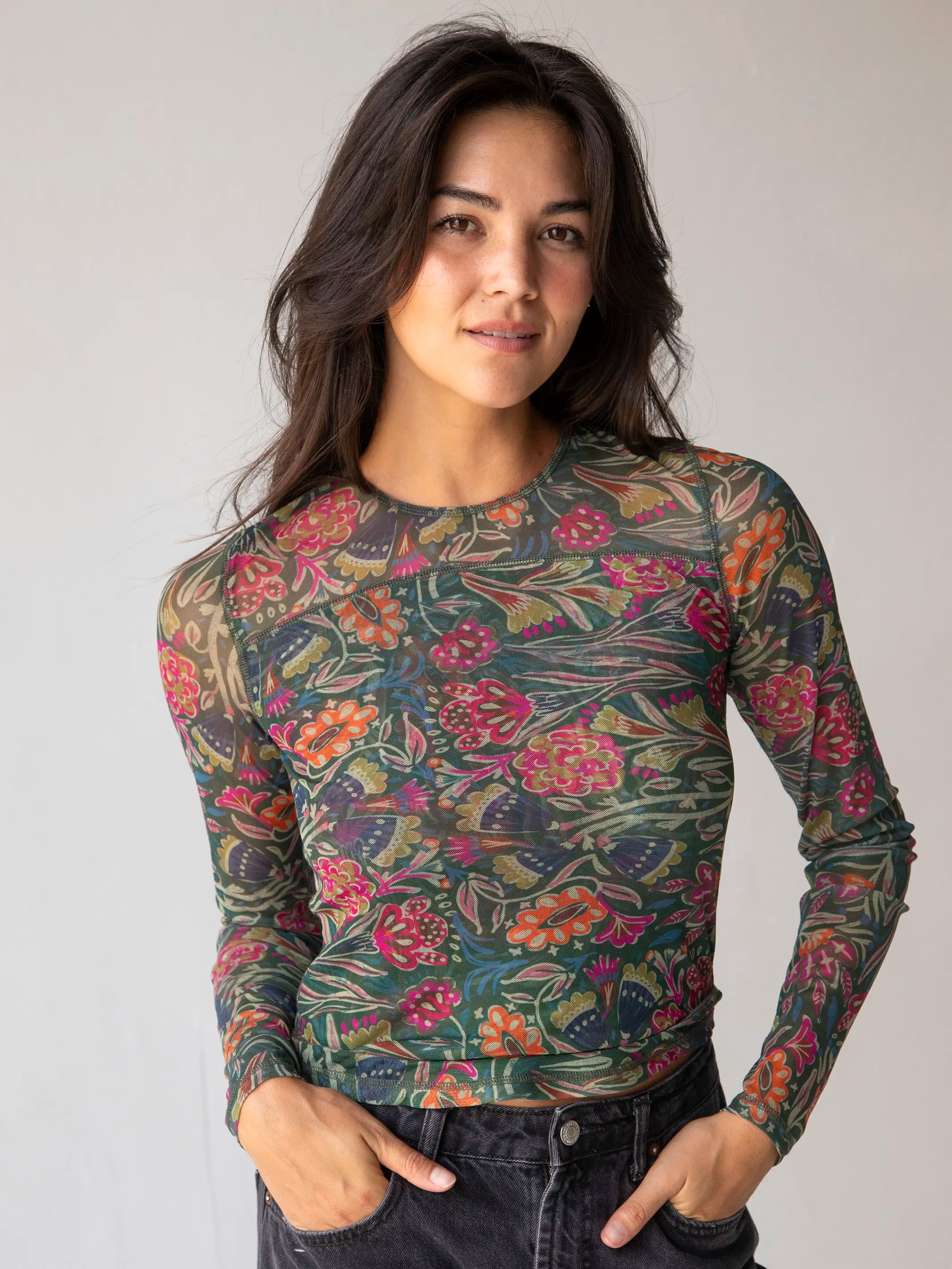 Unbeatable PricesSloane Mesh Long Sleeve Top - Green Lined Floral