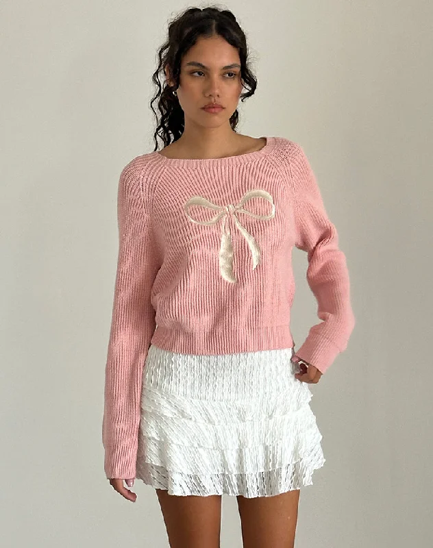 Closeout SaleTami Jumper in Knit Pink with White Bow Embroidery