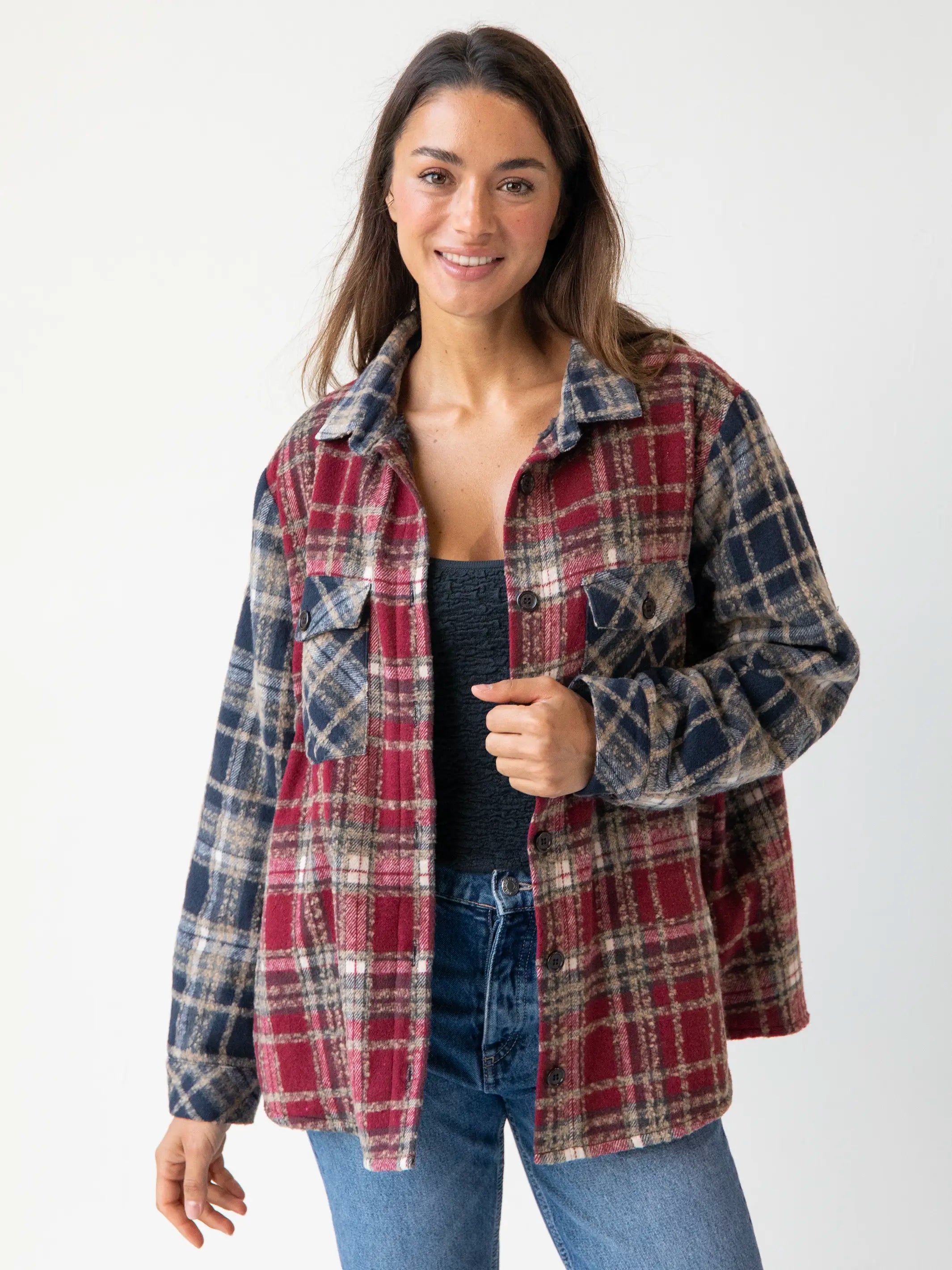 Spring SaleWarm & Cozy Shacket - Cranberry Navy Mixed Plaid