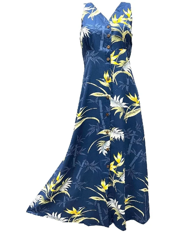 Promotion CodeBamboo Paradise Long Cocktail Navy Hawaiian Dress