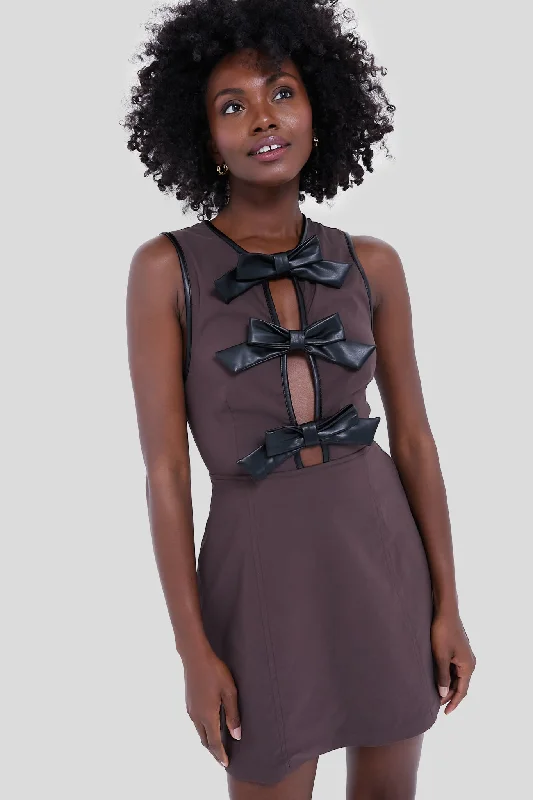 Free ShippingBrown and Black Piped Peplum Mini Dress