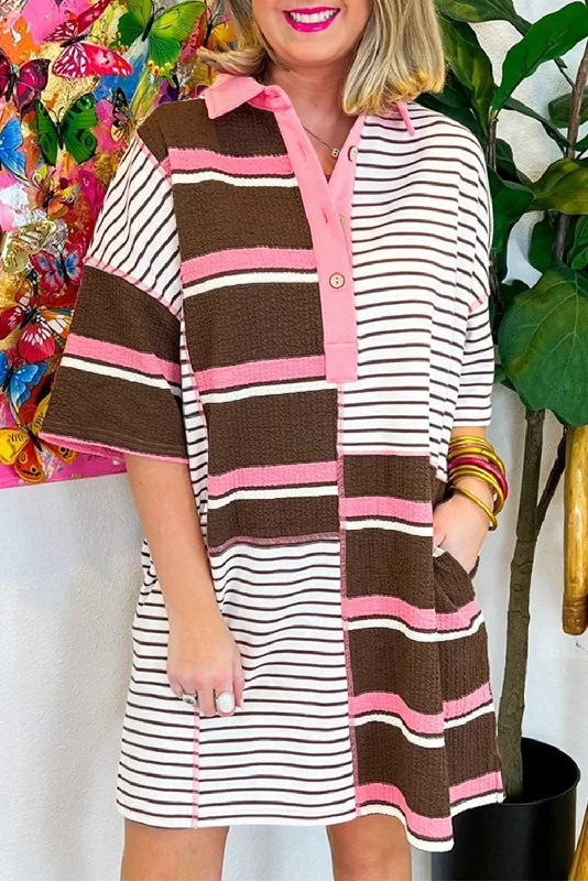 Blowout SaleStripe Patchwork Buttoned T-Shirt Dress