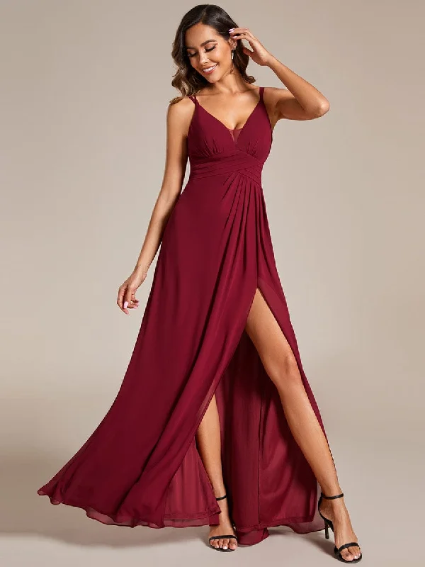 Labor Day SaleDeep V-Neck High Front Slit Spaghetti Strap Back X-Cross Bridesmaid Dress