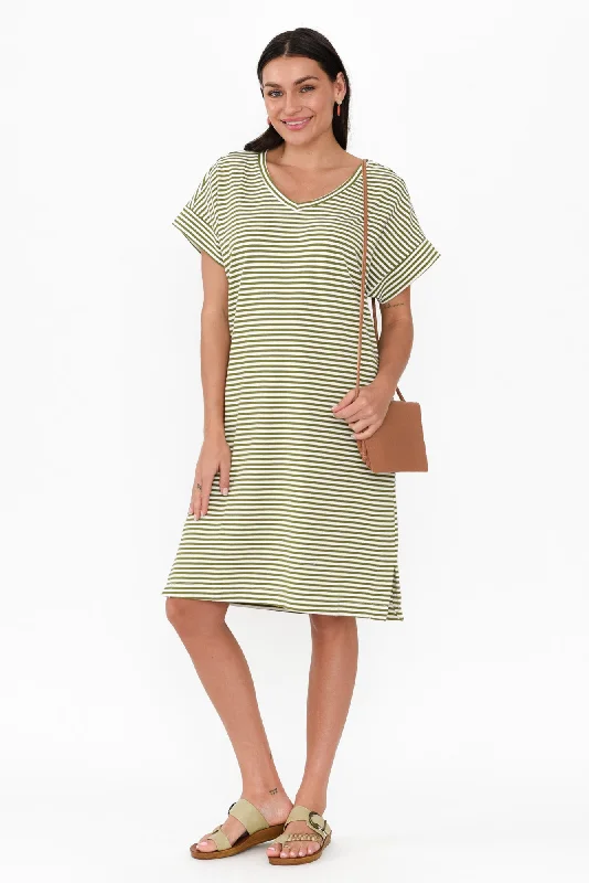 Holiday SaleElise Green Stripe V Neck T-Shirt Dress