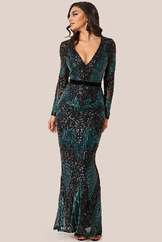 Markdown SaleGoddiva Long Sleeve Sequin Evening Maxi Dress - Emerald