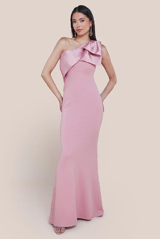 New Customer DiscountGoddiva One Shoulder Satin Bow Scuba Crepe Maxi Dress - Blush