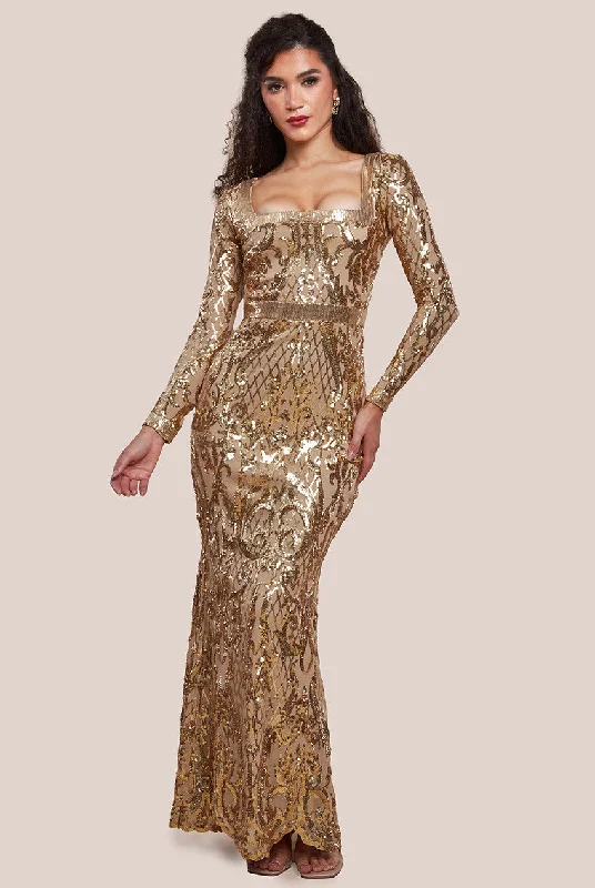 Price SlashGoddiva Sequin Square Neck Maxi With Scallop Hem - Gold