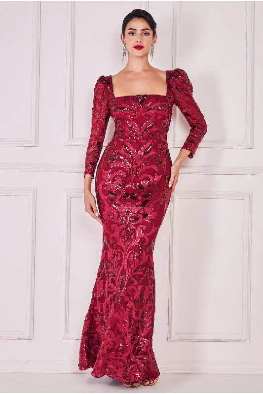 Closeout SaleGoddiva Square Neck Scalloped Lace Maxi - Wine