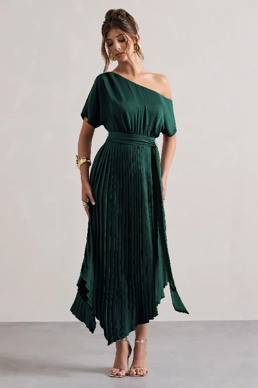 Blue Light SpecialIndia | Bottle Green Satin Asymmetric Plisse Maxi Dress