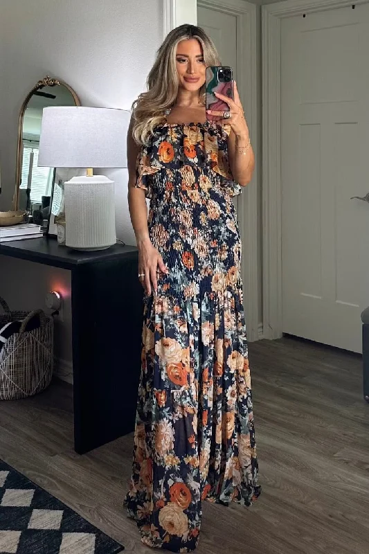 Save NowIndica Floral Smocked Maxi Dress: Navy Multi