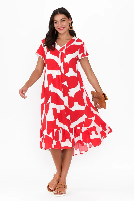 Father's Day SaleKarlie Red Abstract V Neck Dress