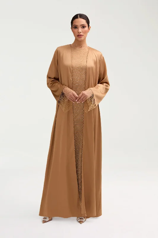 Buy One, Get One (BOGO)Lyana Crystal Mesh Satin Abaya - Champagne