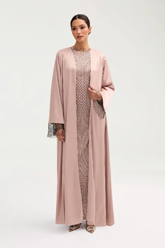 Hidden DiscountLyana Crystal Mesh Satin Abaya - Pink Jasmine