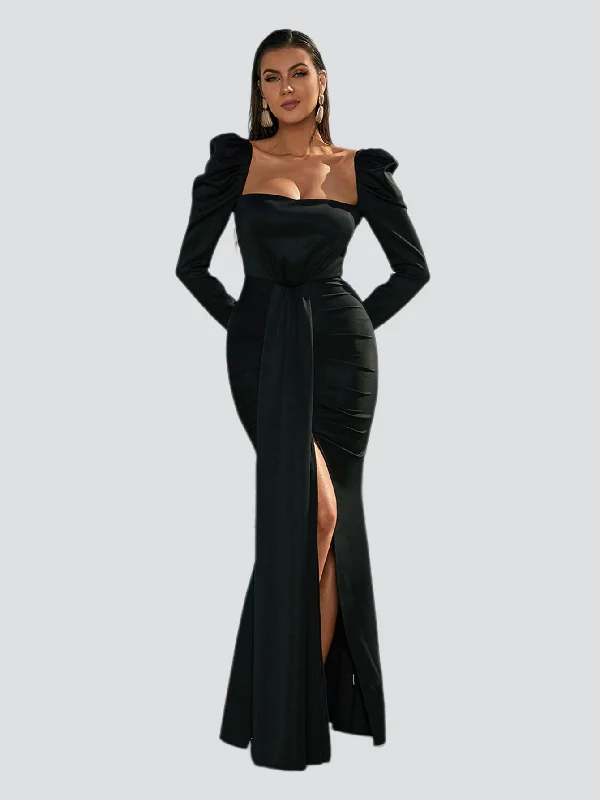 Hourly DealsPuff Long Sleeve Split Black Mermaid Prom Dress XJ979