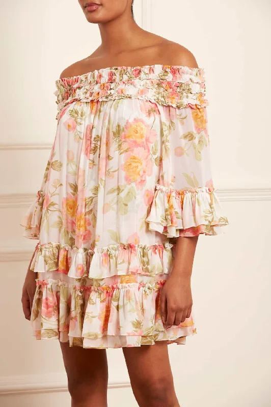 Thanksgiving SalePeony Promise Chiffon Off-Shoulder Tiered Micro Mini Dress