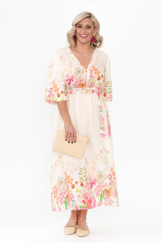 Final SalePetunia Cream Floral Linen Blend Dress