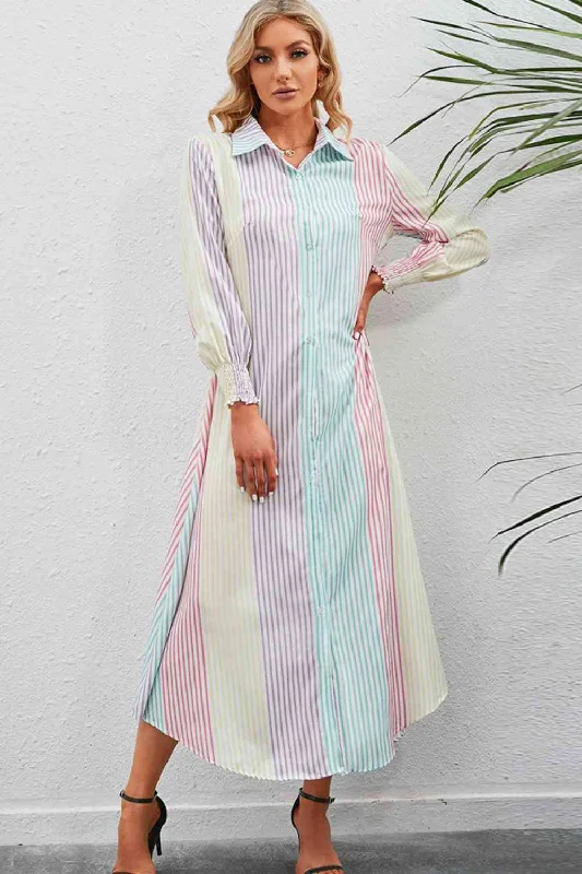 Steal of a DealRainbow Stripe Button-Up Maxi Shirt Dress