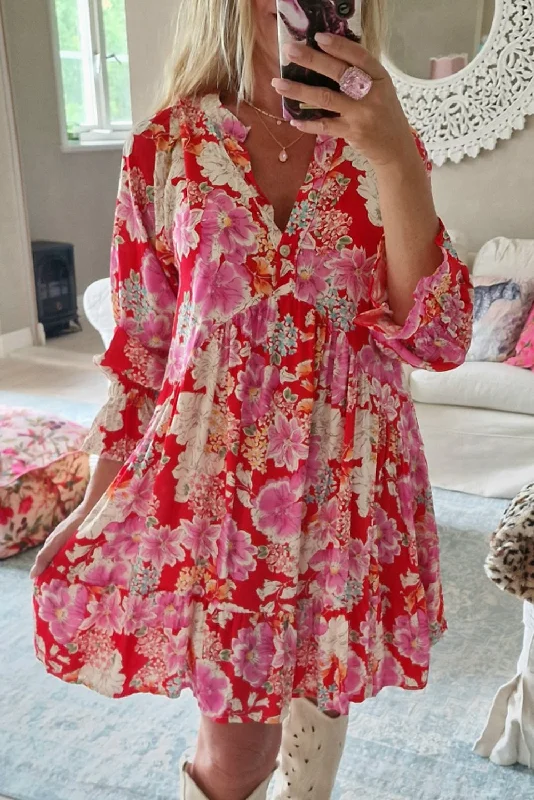 Great SavingsFloral V-Neck Ruffle Mini Dress