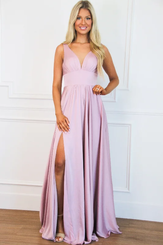 Volume DiscountRemi Satin V-Neck Slit Formal Dress: Mauve