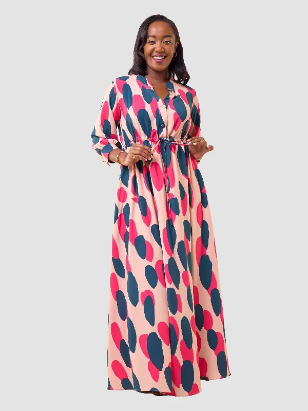 New Year SaleHadiya Gathered Maxi Dress - Peach / Teal Diya Print