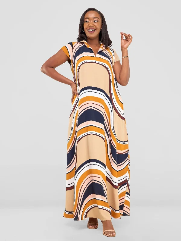 Daily DealsZuri Cap Sleeved Maxi Dress - Navy / Rust Spiral Print